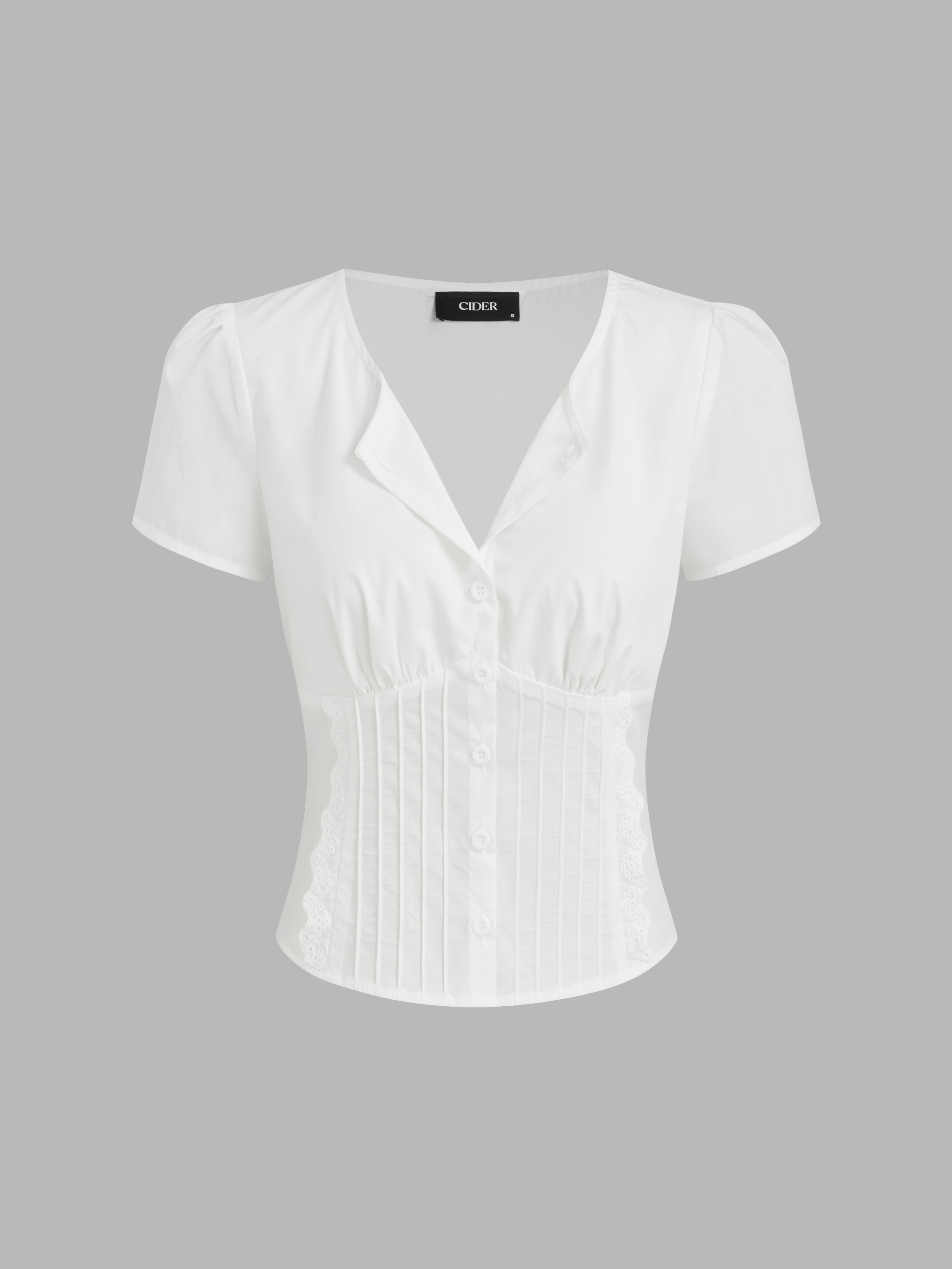 Woven Cotton-blend Broderie Anglaise Trim Pleated Blouse For Work | Cider