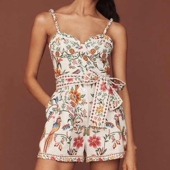 New FARM Rio Floral Sweetheart Neckline Belted Linen Romper | Poshmark