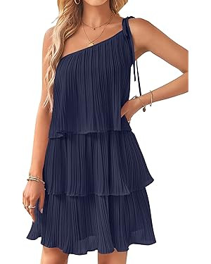 ZESICA Women's 2024 Boho Summer One Shoulder Sleeveless Ruffle Tiered Layered Chiffon Pleated A L... | Amazon (US)