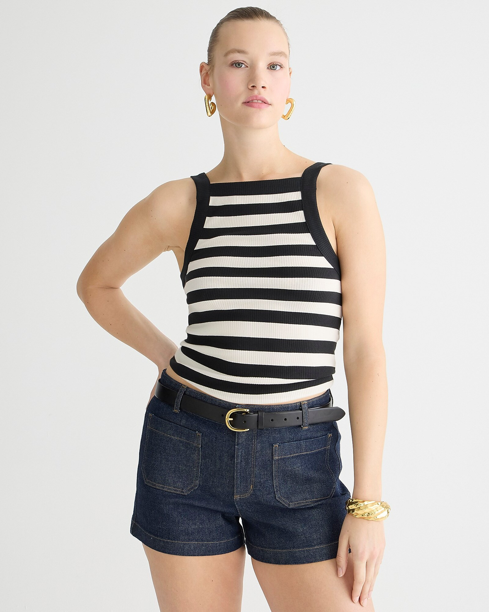 new5.0(3 REVIEWS)Vintage rib wide-strap tank top in stripe$39.50-$45.00Montauk Stripe Black Na$45... | J. Crew US