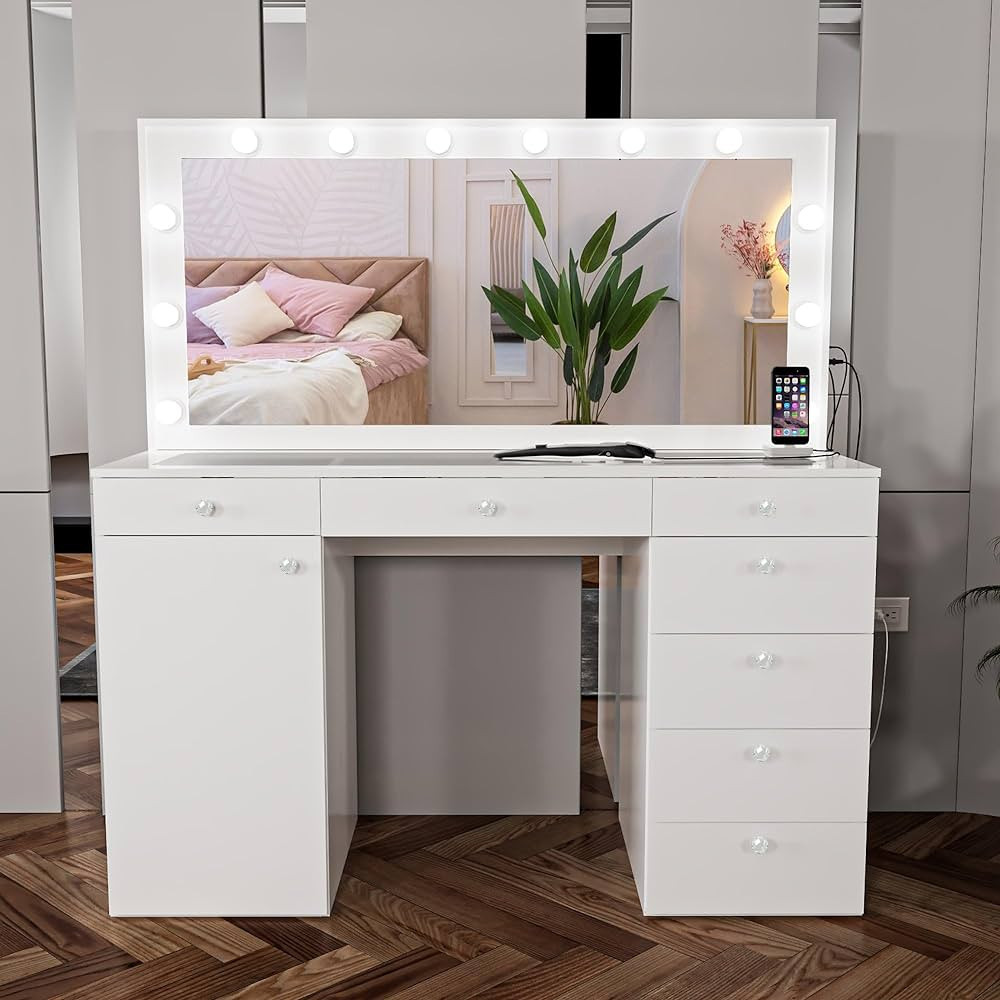 Boahaus Jezebel Makeup Vanity Desk with Light Bulbs Built-in, USB-C/USB Outlet, 7 Drawers, 1 Larg... | Amazon (US)