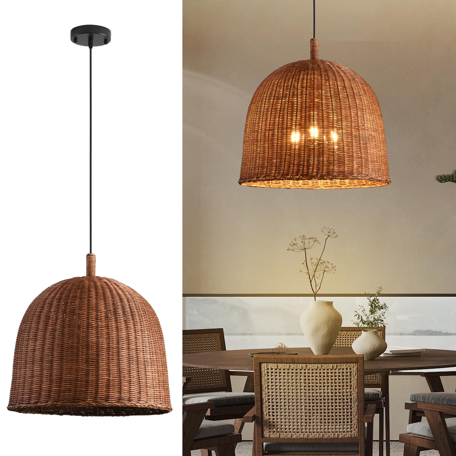 3-Light Dark Curry Rattan Pendant Light,17.7" Rustic Hanging Light,Brown Wicker Pendant Light Han... | Amazon (US)