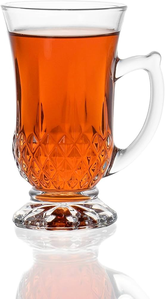 Red Co. 6-Pack Classic Clear Cut Glass 4.5 Oz Footed Turkish Tea Cups with Handles, Etched Design | Amazon (US)