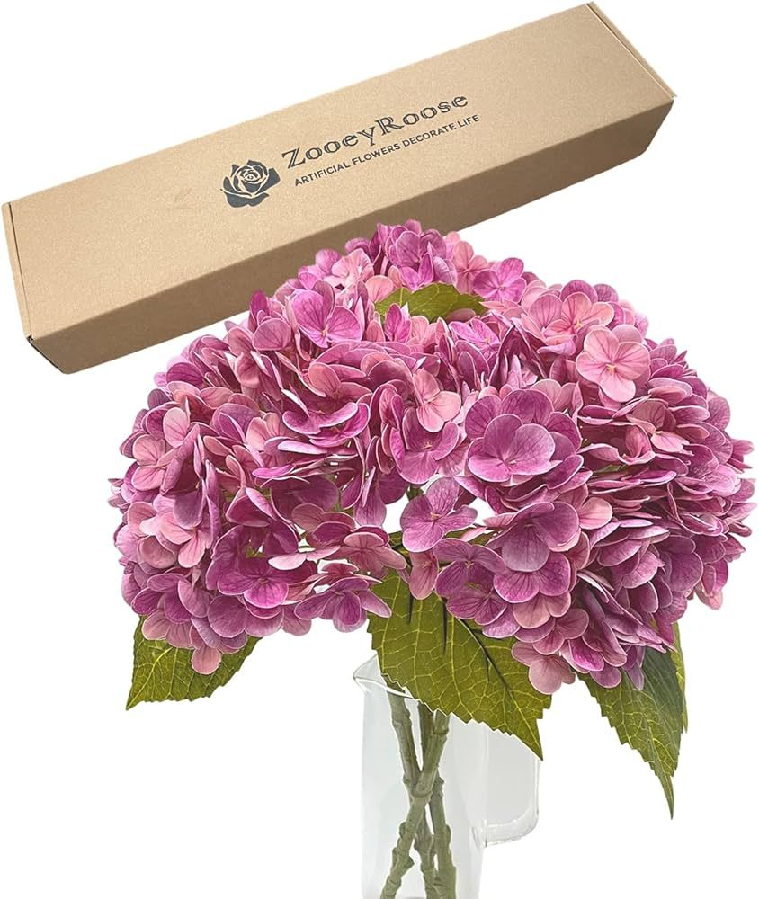 ZYTUYO Magenta Pink Hydrangea Artificial Flowers 3pcs 21in Latex Large Real Touch Faux Hydrangea ... | Amazon (US)
