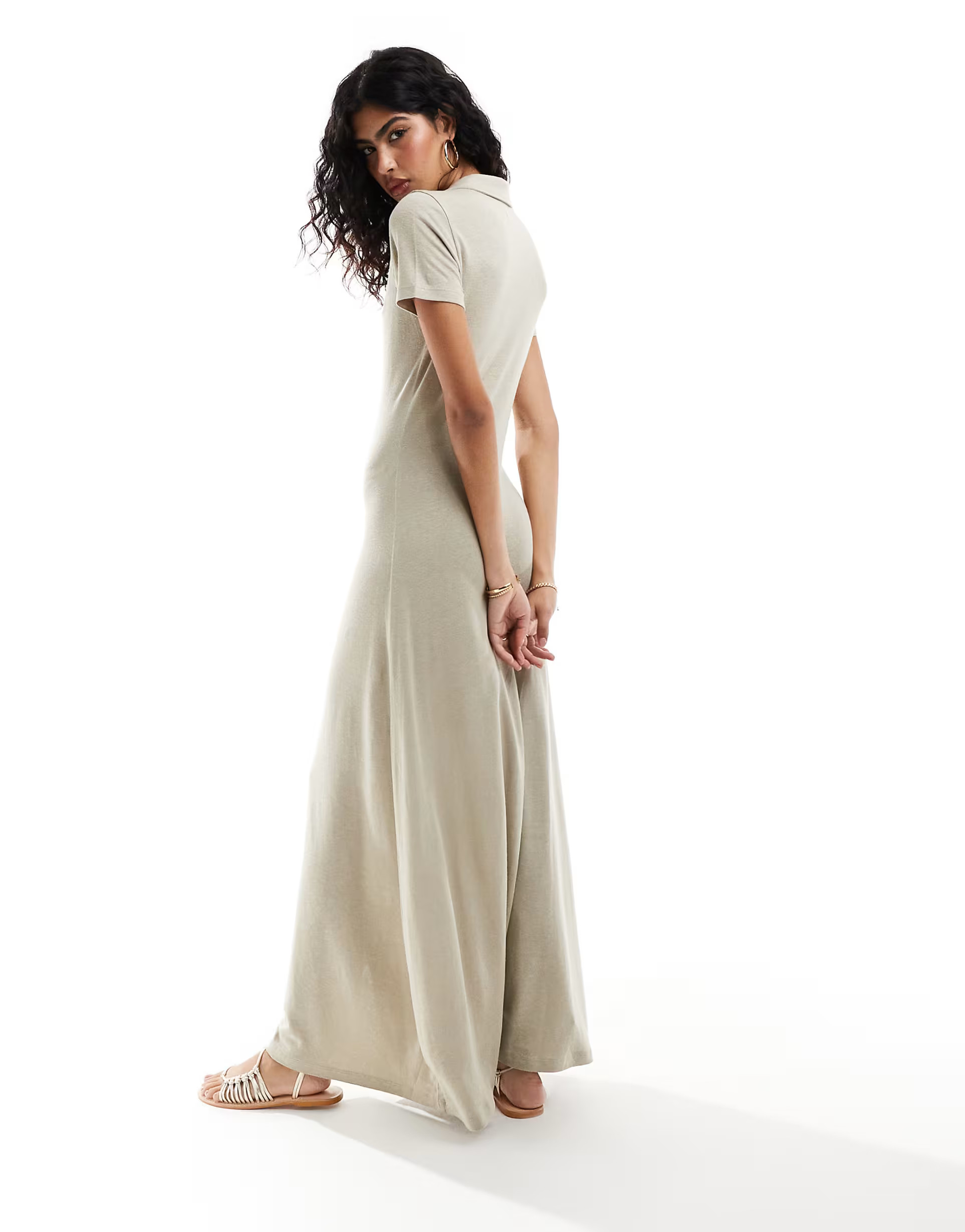 ASOS DESIGN collared linen look maxi tea dress with button front in stone | ASOS (Global)