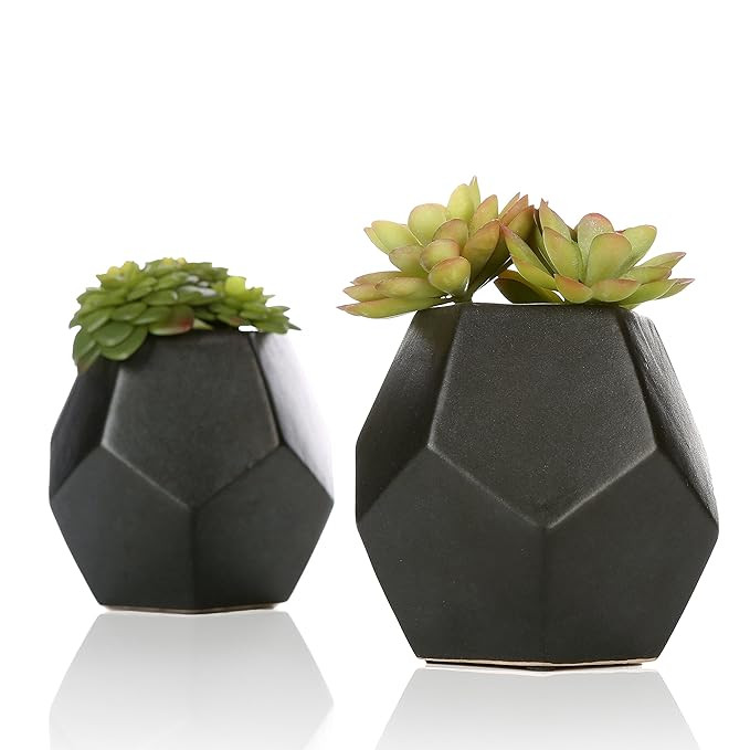 MyGift Set of 2 Realistic Artificial Succulent Plants in Matte Black Modern Geometric Ceramic Pots | Amazon (US)