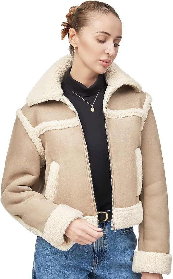 Amazon.com: Yembulk Women's Wool Faux Fur Jacket Patchwork Sherpa Lined Jacket Faux Lambs Pea Coat W | Amazon (US)