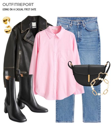Pink shirt outfit blue denim jeans leather jacket black handbag black Chelsea booties 

#LTKstyletip #LTKitbag #LTKshoecrush