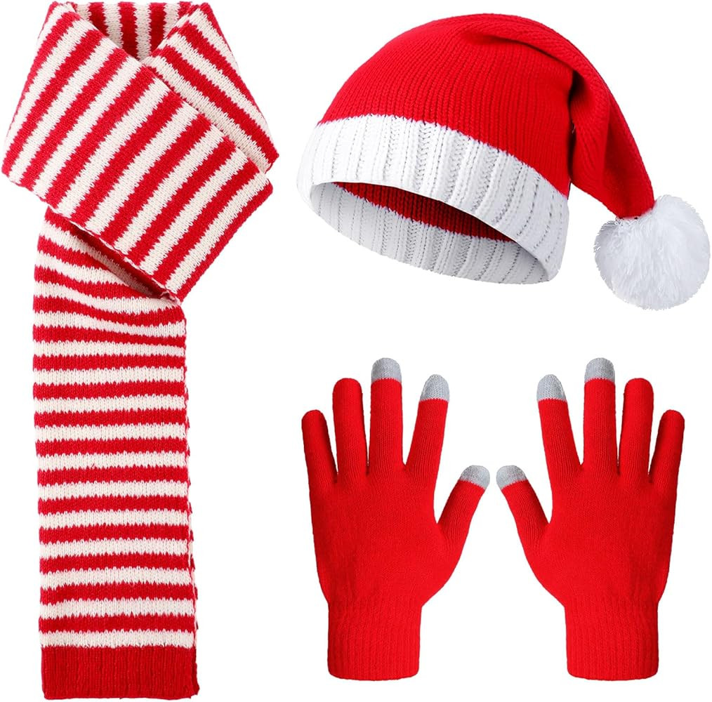 Suhine 3 Pieces Christmas Hat Scarf Gloves Set, Christmas Winter Knitted Hat Striped Scarf and Gl... | Amazon (US)
