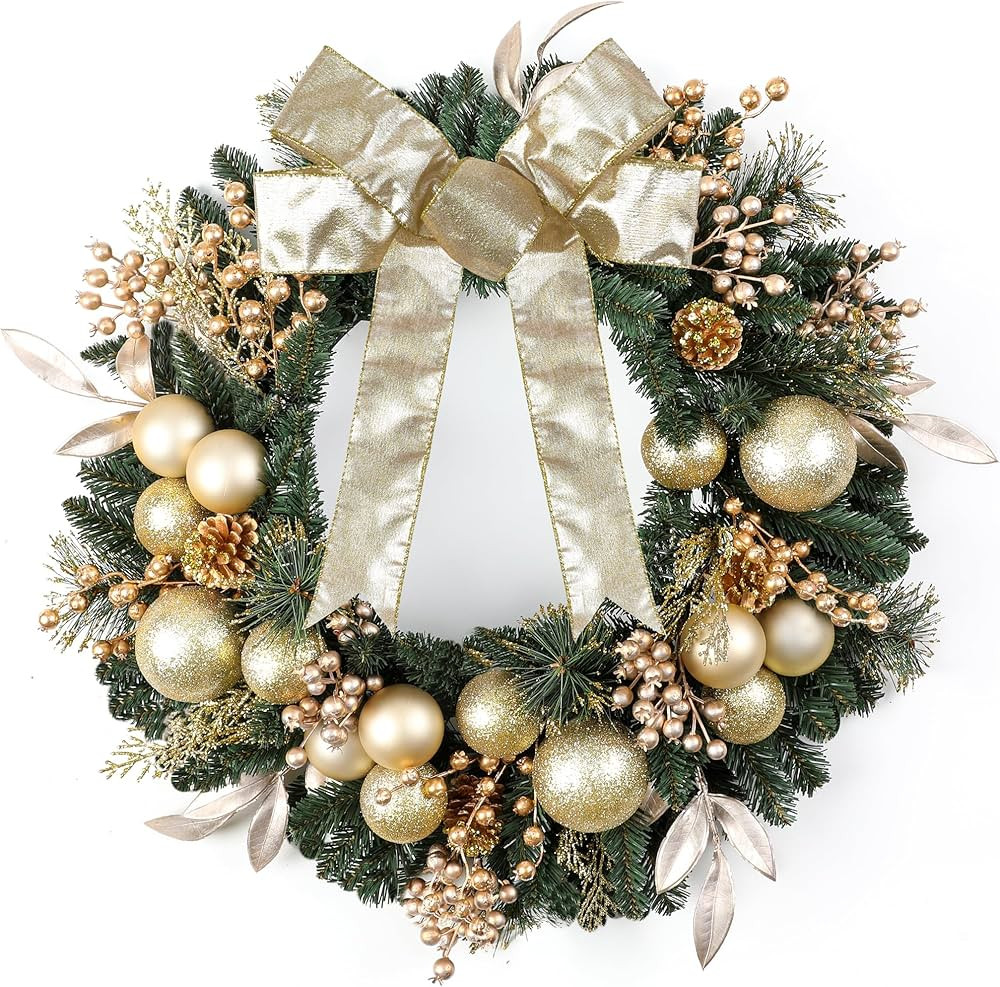 Christmas Wreaths for Front Door 24“ Champagne Gold Door Wreath with Ball Ornaments and Gold Ac... | Amazon (US)