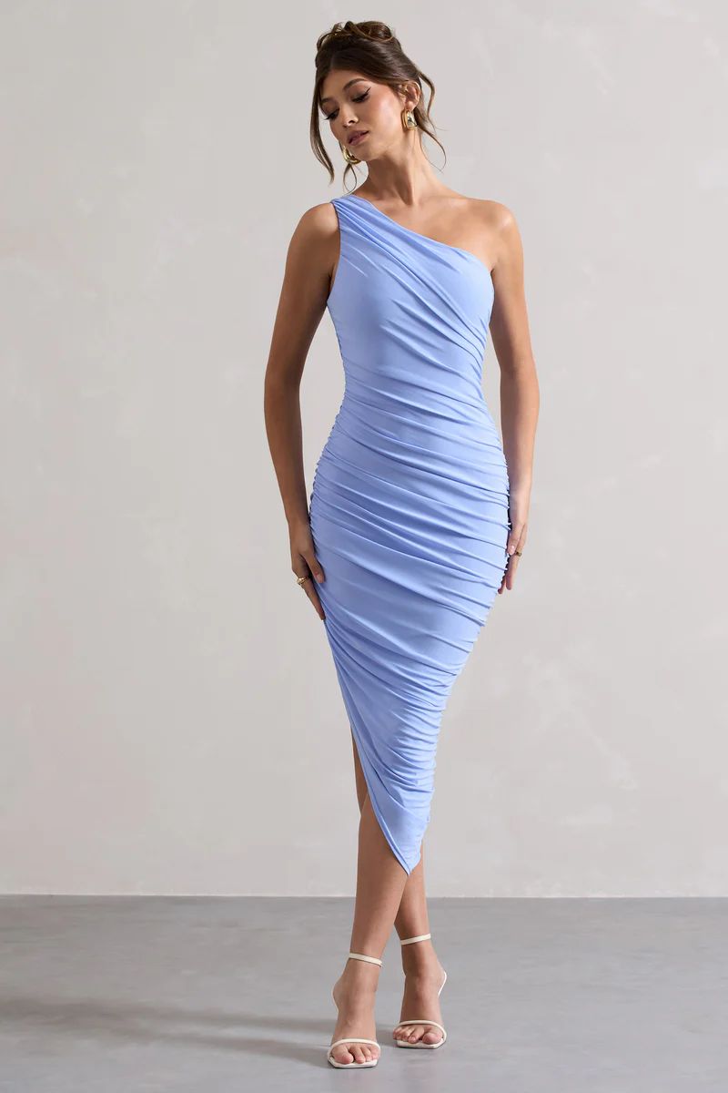 Dorit | Sky Blue One Shoulder Asymmetric Ruched Midi Dress | Club L London