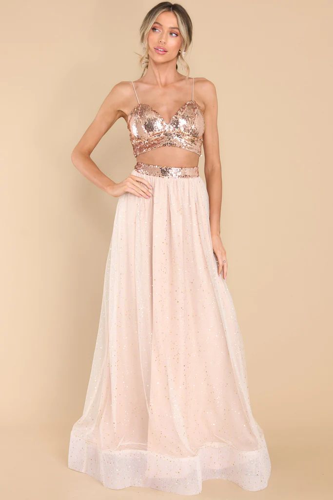 Boldly Beautiful Rose Gold Sequin Two Piece Set | Red Dress 