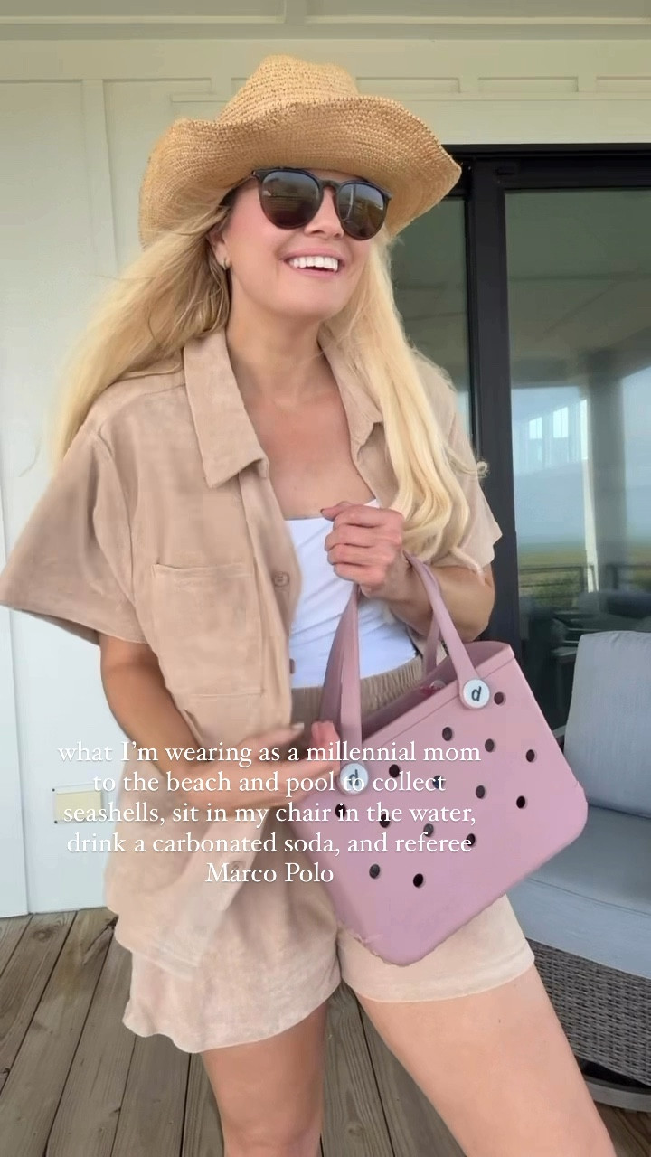 Ok let me tell you about all the ways that I love this look. 

First, this hat - just adds so much fun to any summer outfit. So so cute! I love the dainty gold chain! It also has UPF50+ and is adjustable. Use code BECKY20 

Next this set - I love having a pareo or pair of shorts as my cover up. It gives some coverage if I want to sit on the beach or on the outside of the pool without tan lines on my arms and shoulders. I love this set because I could throw on the matching shirt easily when we ate lunch or sat on the porch in the shade but just wear the shorts when I was out in the sun and wanted a cover up. These shorts are really comfy and I’m usually a medium but I sized up to a large. (I always love my shorts bigger) I tried this on at the new lain snow store in Ocean Isle. It’s soooo cute and comfy - love the terry material and I’ll be wearing it as a set and not just a coverup. Also super pretty in white. 

The bathing suit - this is the only brand I’ve worn for years. Truly worth the price tag. Always on repeat and I love the style of this one so so much. 

Cute little bag when you don’t need much and the birks that match this set perfectly. Always birks - so comfy 

#LTKSummerEdit #LTKSeasonal #LTKSwim