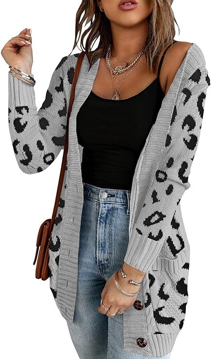 Uqnaivs Womens Open Front Long Sleeves Pockets Button Cable Knit Sweater Cardigan | Amazon (US)