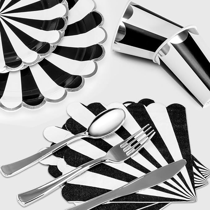 8 Guests Black Striped with Silver Rim Disposable Partyware Dinner Set - 9" & 7" Plates, Paper Cu... | Amazon (US)