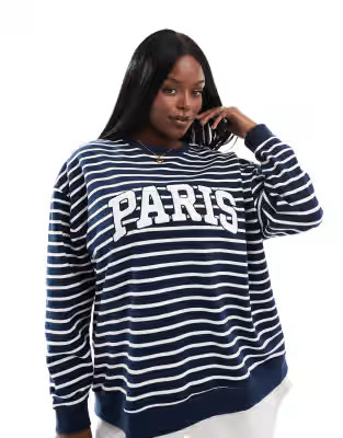 4th & Reckless Plus – Exklusiv – Sweatshirt in gestreiftem Marineblau mit „Paris“-Print |... | ASOS (Global)