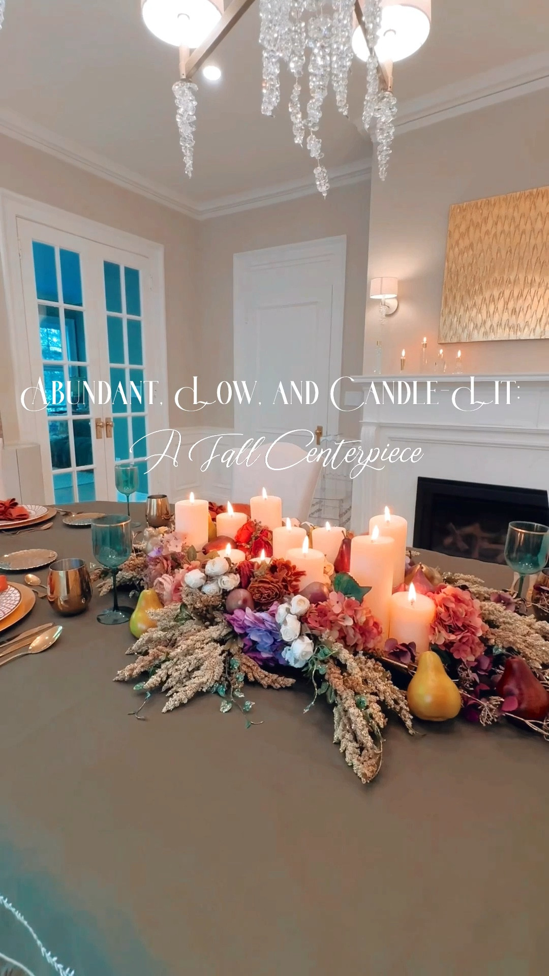 Harvest opulence, but make it refined. 🍂
This centerpiece was born from a gold tray, pillar candles, faux pears and figs — no floral foam, no fuss. It’s lush enough to feel majestic, yet low enough for conversation and candlelit charm.
The color palette — green, aubergine, winter white, and plum — is my quiet rebellion against the usual oranges and yellows. Think English countryside meets hunting lodge dinner. Until next time, stay fabulous and chic ✨

#LTKParties #LTKSeasonal