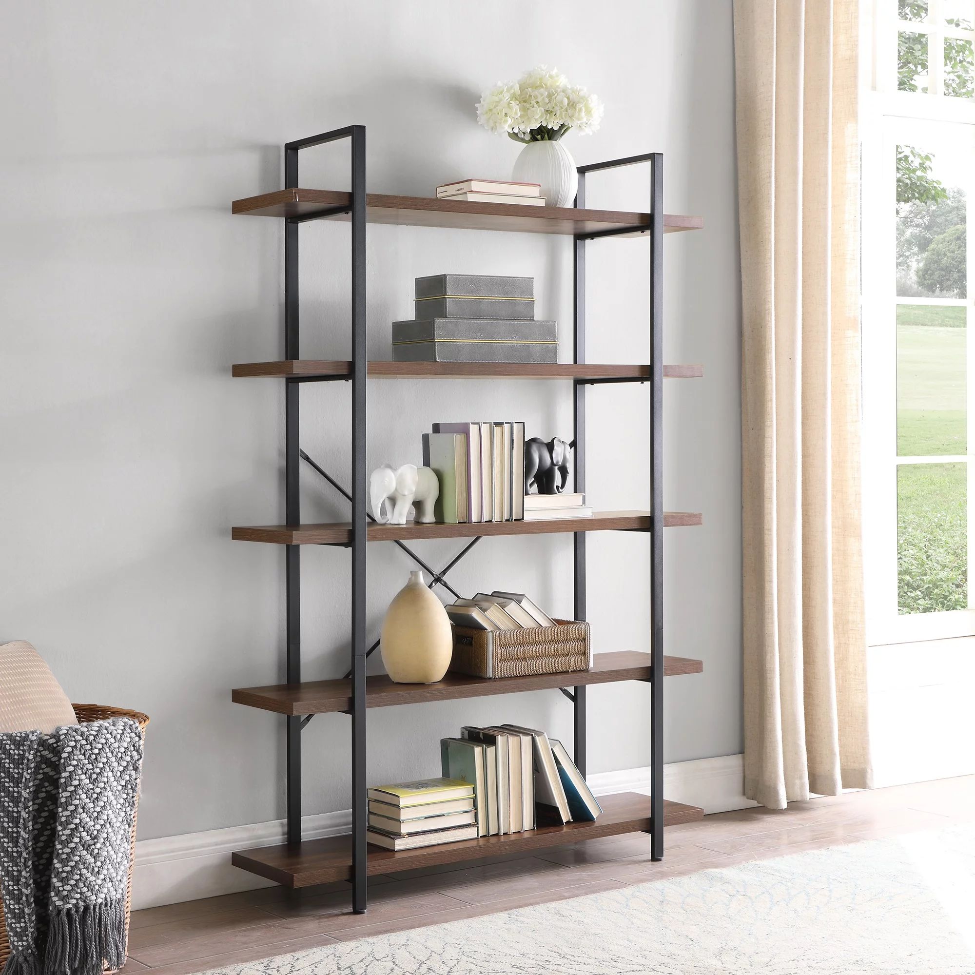 BELLEZE 5 Tier Industrial Bookshelf Open Storage Organizer Etagere Book Shelf Wood And Metal Book... | Walmart (US)