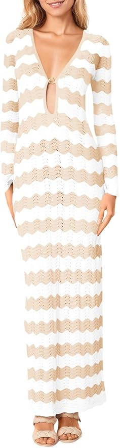 Saodimallsu Womens Crochet Summer Maxi Dress Striped Sexy Cut Out V Neck Long Sleeve Knit Cover U... | Amazon (US)