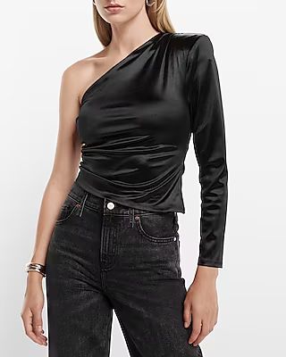 Satin Draped One Padded Shoulder Ruched Top | Express