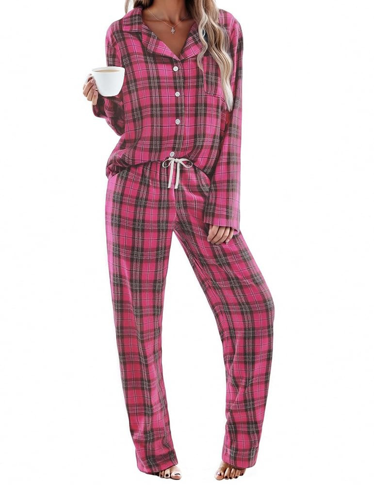 Ekouaer Pajamas Set for Womens 2 Piece Cotton Plaid Pjs Long Sleeve Sleepwear Soft Button Down Lo... | Amazon (US)