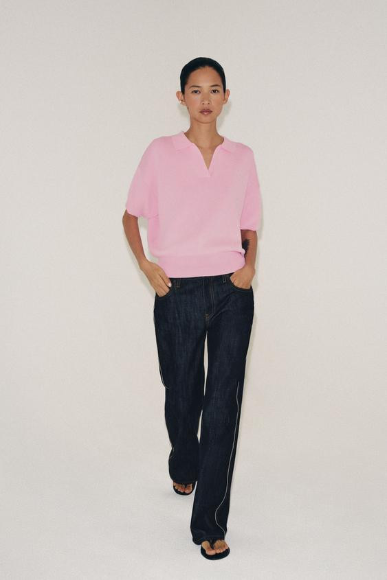 Zara - Short Sleeve Knit Polo Shirt - Blue - L - Woman | Zara US