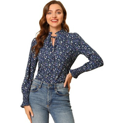 INSPIRE CHIC Women's Chiffon Tie Neck Long Sleeve Floral Blouse Medium Navy Blue | Target