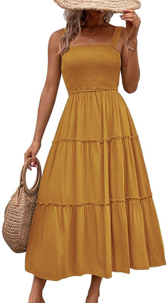 Spaghetti Strap Smocked Dresses for Women Square Neck Midi Dress Tiered Long Beach Sun Dress A Li... | Amazon (US)