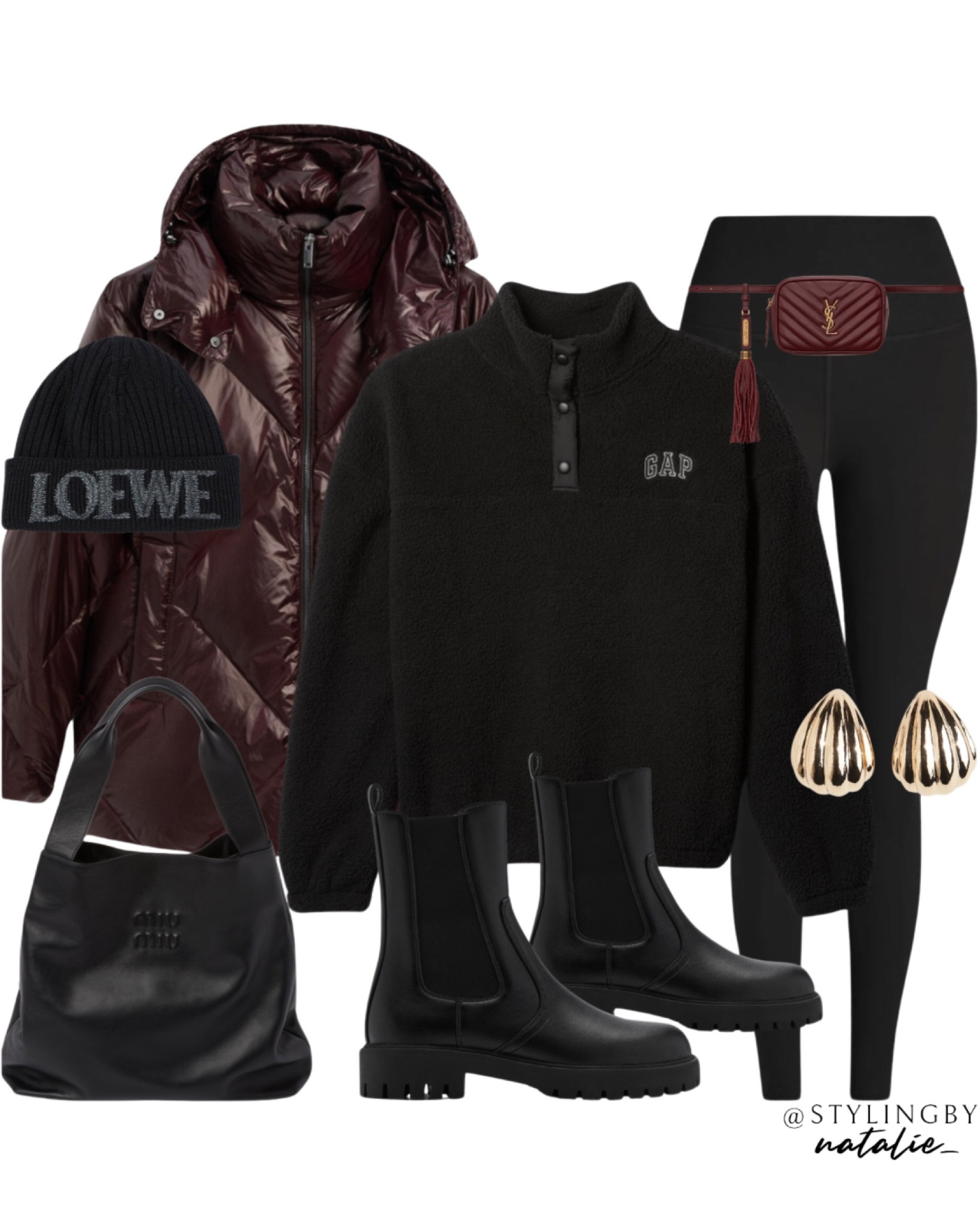 Comfy casual winter outfit - Burgundy puffer coat, fleece sweatshirt, high waist leggings, Chelsea boots, Miu Miu hobo bag, Loewe beanie hat, gold earrings.


#LTKuk #LTKCyberWeek #LTKwinter