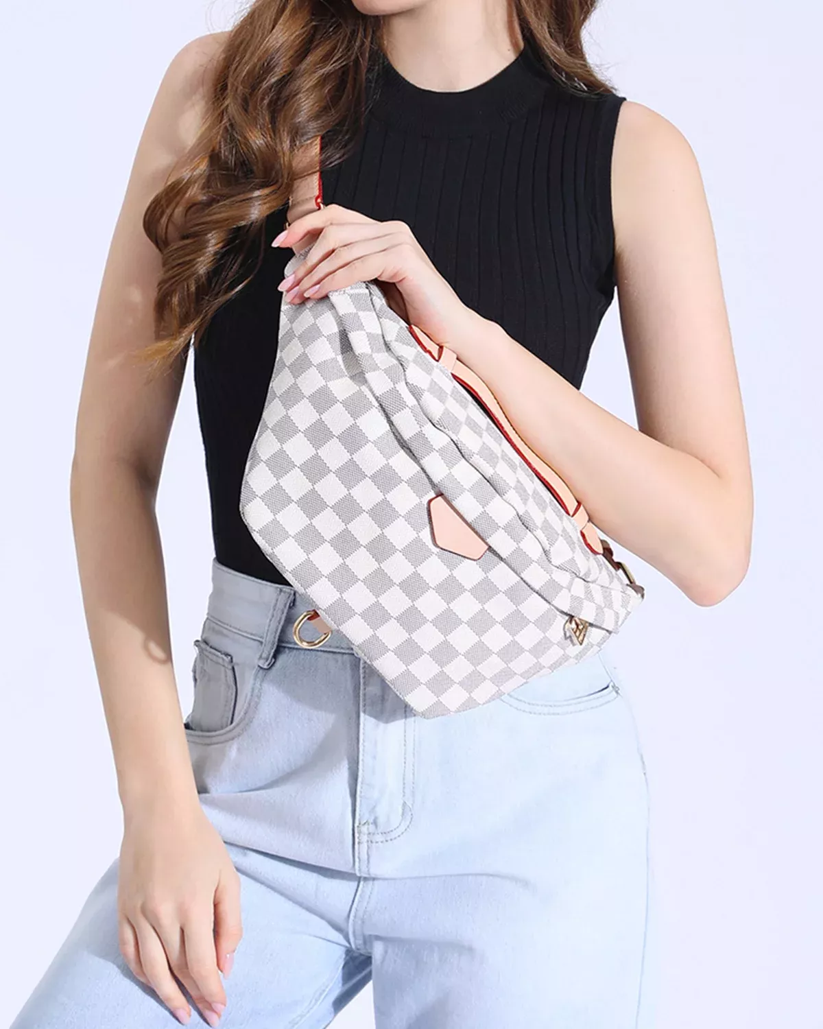 TWENTY FOUR Womens Checkered Tote Shoulder Bag with inner pouch - PU Vegan  Leather Shoulder Satchel Fashion Bags -Cream checkered 