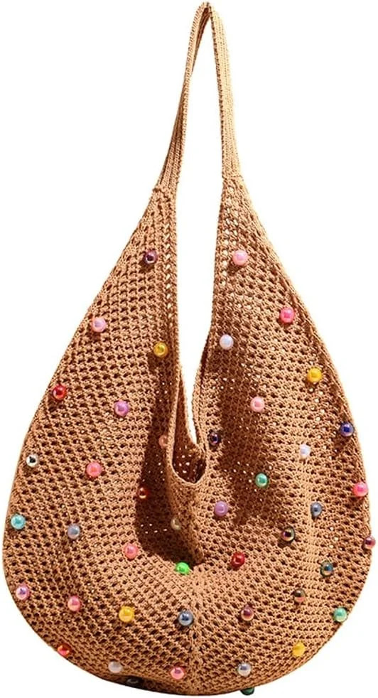 Crochet Tote Bag for Women Slouchy Crescent Shoulder Bag Mesh Knitting Beach Bag with Colored Bea... | Walmart (US)