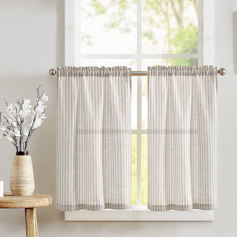 TOPICK Grey Striped Small Curtains 24 Inch Drop Linen Kitchen Curtains Translucent Short Cafe Cur... | Amazon (UK)