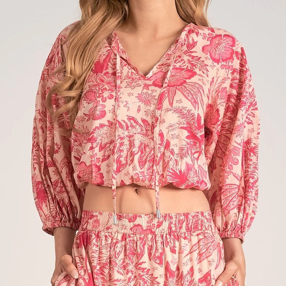 NWT Shop Elan Ronnie Puff 3/4 Sleeve Tropical Palm Leaf Print Pink Blouse Top | Poshmark