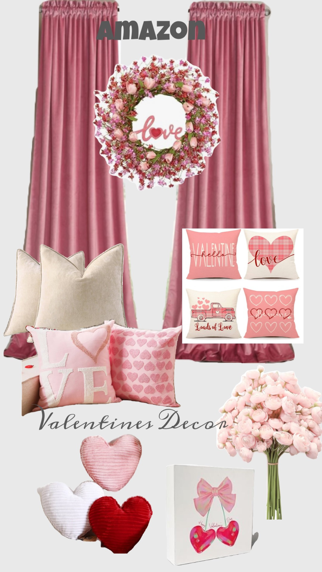 LLZLL Valentines Day Wreath Decor, 22inch Artificial Pink Wreath with Tulip Berry Green Leaf Element, Valentines Wreaths for Front Door Wedding Anniversary Party Candlelight Dinner Decorations | Amazon (US)