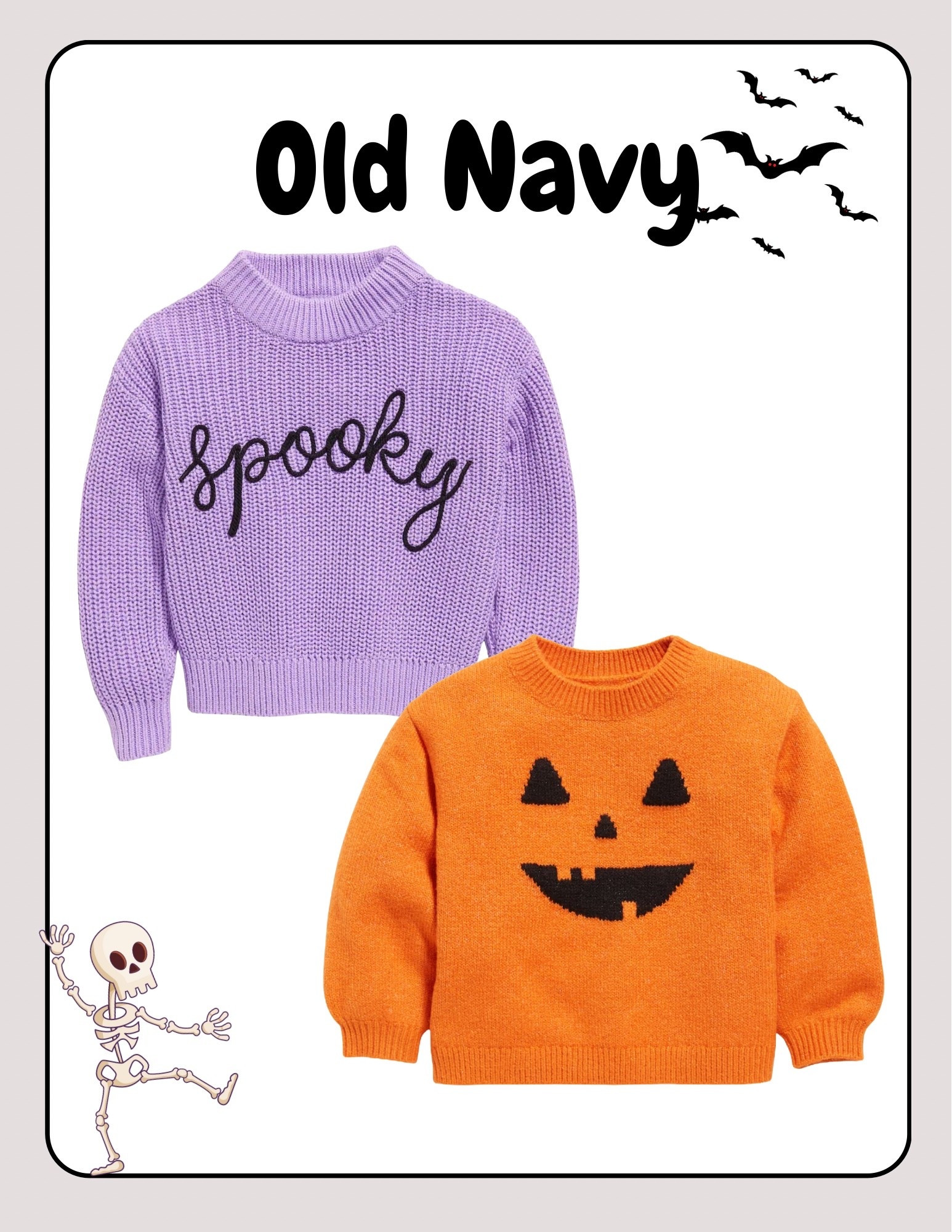 Old Navy Halloween outfits. Halloween sweaters. Pumpkin sweater for toddlers from Old Navy. Old Navy Halloween collection pink sweater from Old Navy that says spooky..