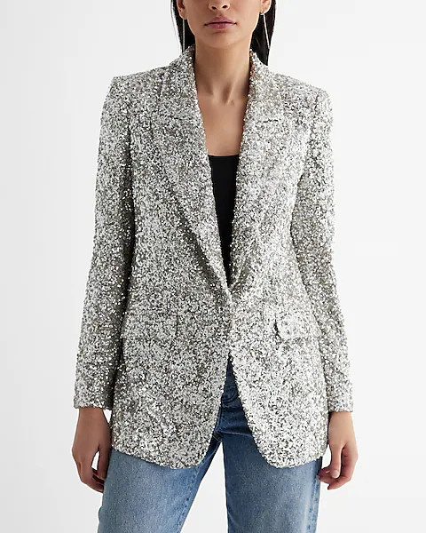 Sequin One Button Boyfriend Blazer | Express