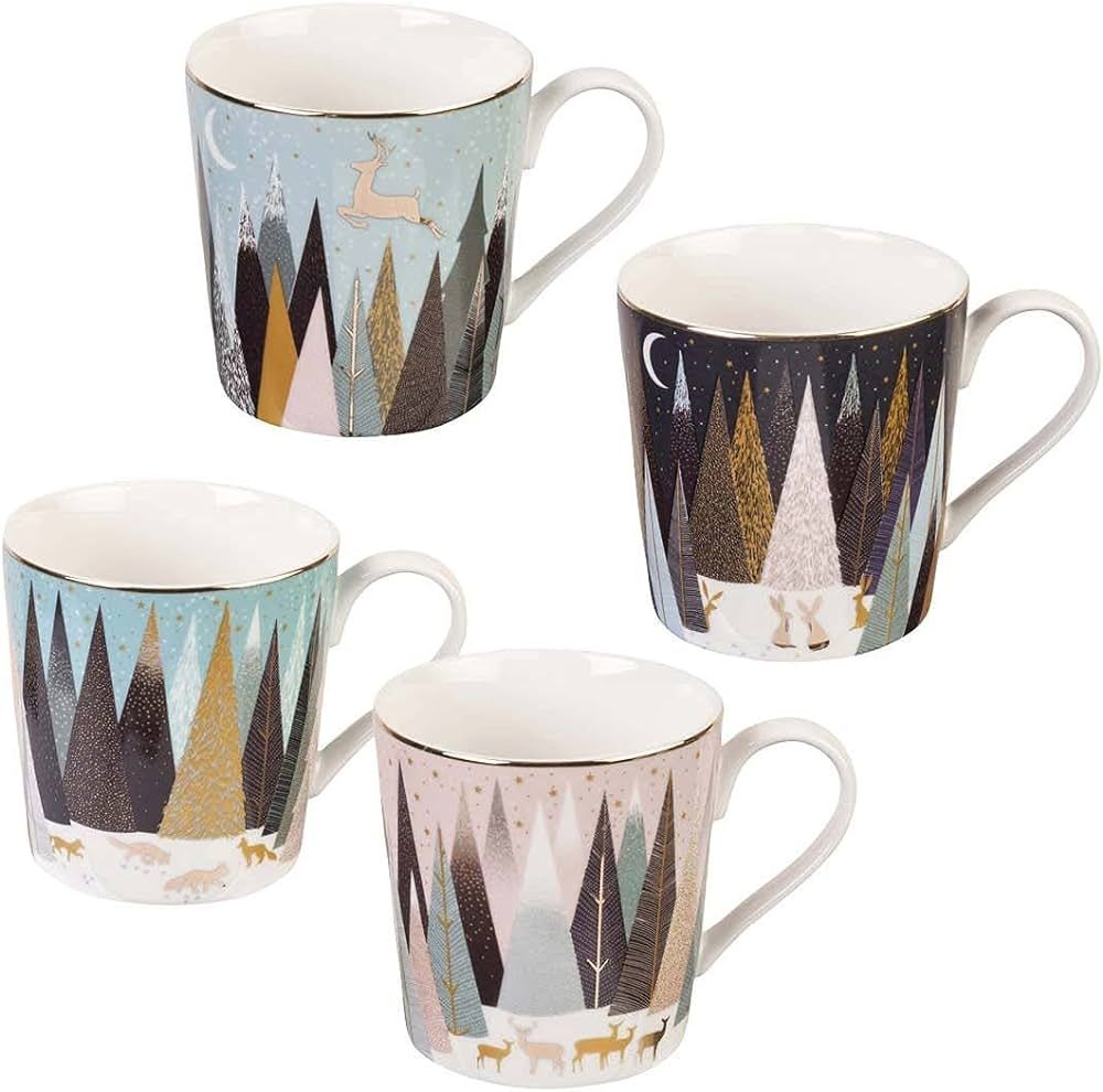 Sara Miller SMFP79175-XG Portmeirion Frosted Pines Christmas Mug Set of 4, Porcelain | Amazon (US)