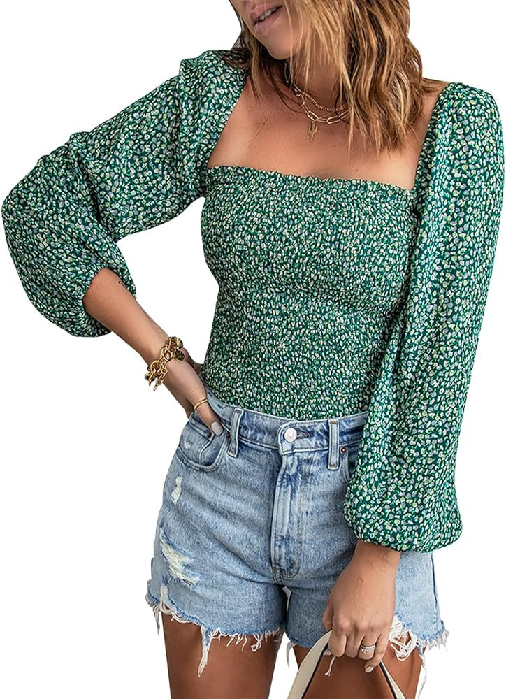 EVALESS Square Neck Tops Puff Long Sleeve Blouses for Women Dressy Casual Spring Fashion 2024 | Amazon (US)