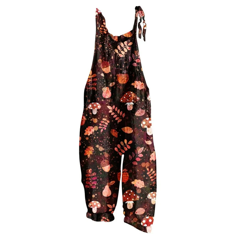 JWZUY Womens Hawaiian Mushroom Print Wide Leg Romper Cotton Linen Bib Overalls Casual Sleeve Spag... | Walmart (US)