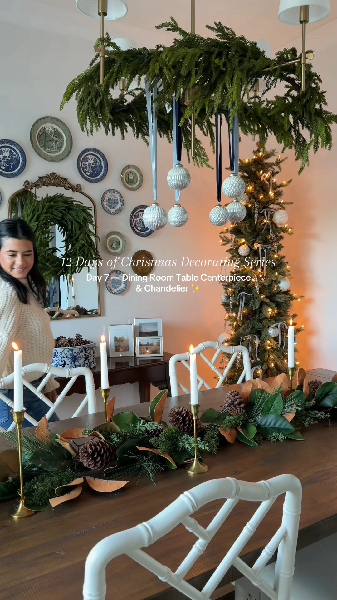 Day 7 of 12 Days of Christmas Decorate With Me 🎄
Dining room day!
I just laid a magnolia + pine garland down the middle of the table, added a few candles, and wrapped some greenery around the chandelier.
Then hung a few ornaments from blue ribbon to tie everything together.
Simple and cozy is the vibe in here this year 🤍 #christmasdecor

#LTKHome #LTKHoliday #LTKSeasonal