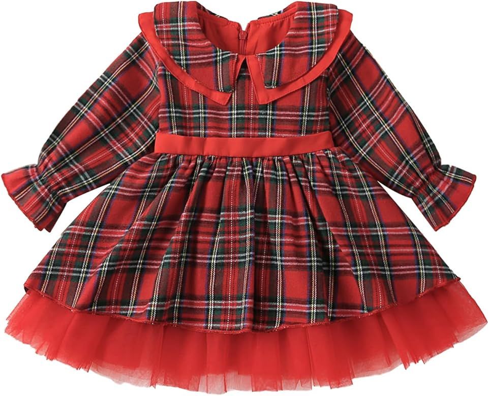 Toddler Girls Christmas Outfits Plaid Print Tulle Long Sleeve Baby Princess Dress for Party Cute ... | Amazon (US)