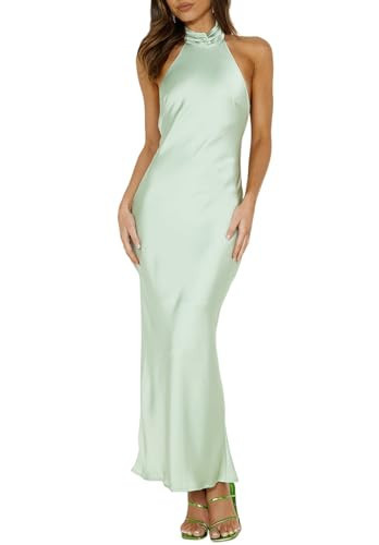 Phicia Sexy Satin Halter Neck Backless Maxi Dress for Women Elegant Tie Cowl Back Formal Wedding Guest Dress for Summer Sage | Amazon (US)