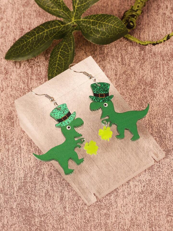 1pair Women's Irish St. Patrick's Day Acrylic Green Clovers & Lucky Mustache Dangle Earrings For ... | SHEIN