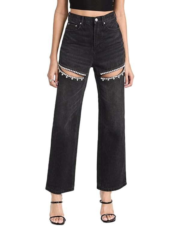 LaurelTree Women's Baggy High Waist Jeans with Rhinestone Studded Cut Outs Ripped Bedazzled Denim... | Amazon (US)