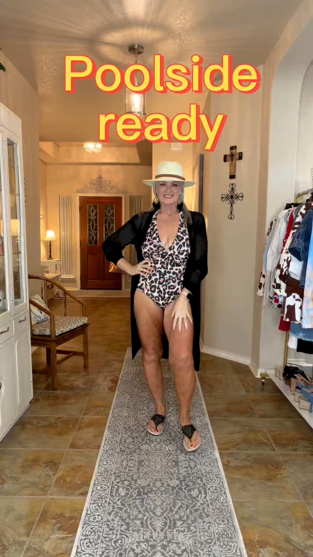 Pool ready doesn’t have to cost a lot for seasonal items. The swimsuit is Walmart for under $10. Size up if your chesty. The sandals are on major markdown!  And the cover up is actually a dress with a slip and doubles as a cover up too!  ￼