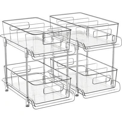 2Pcs 2 Tier Bathroom Storage Organizer With Dividers, Clear Under Sink Organizers And Storage Pull Out Cabinet Organizer For Bathroom Kitchen Pantry S | SHEIN