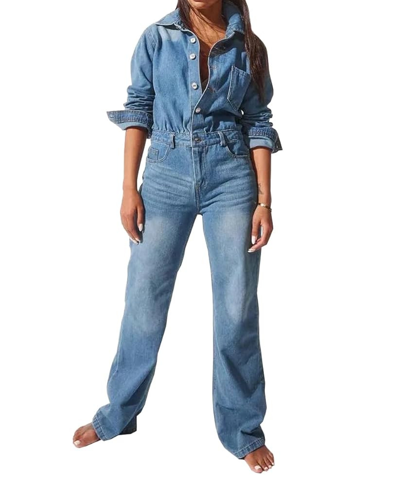 Women's Casual Long Sleeves Denim Jumpsuit High Waist Lapel Stretch Slim Fit Straight Jeans Rompe... | Amazon (US)
