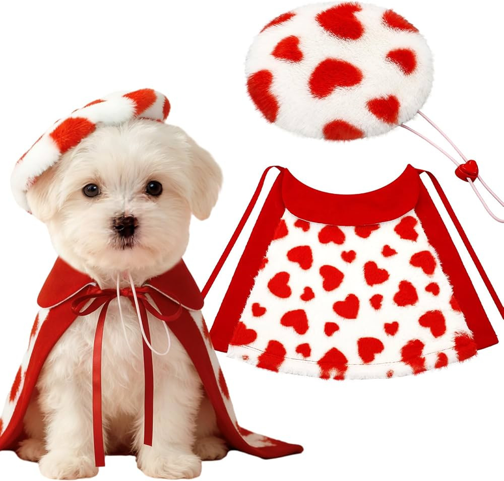 2 Pieces Valentines Day Dog Costume Set Including Beret Hats and Red Heart Love Dog Cloak Funny P... | Amazon (US)