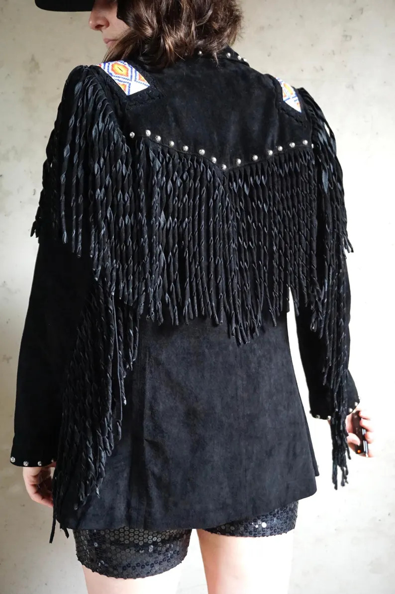 Vintage Suede Leather Fringe Motorcycle Jacket - Western/cowboy Style - Beaded/ Studs - Festival ... | Etsy (US)