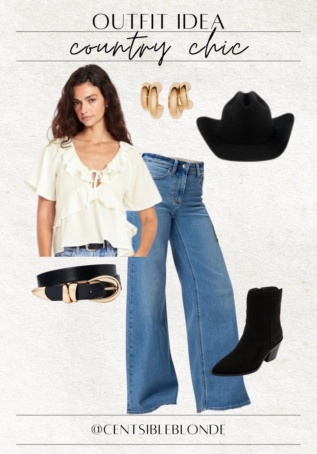 Country chic, country concert, wide leg jeans, black boots, black and gold belt, gold earrings, ruffle top, black cowboy hat, ankle boots, felt hat, weekend outfit, casual outfit, fall transition, high waisted jeans

#LTKFindsUnder100 #LTKShoeCrush #LTKMidsize